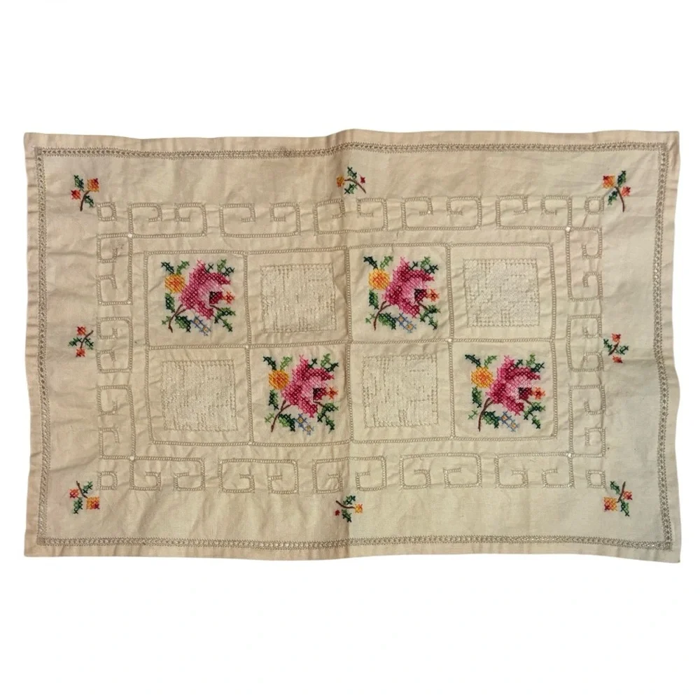 Vintage Embroidered Doily Hand Embroidery Hand Crafted Antique Lace Linen Floral